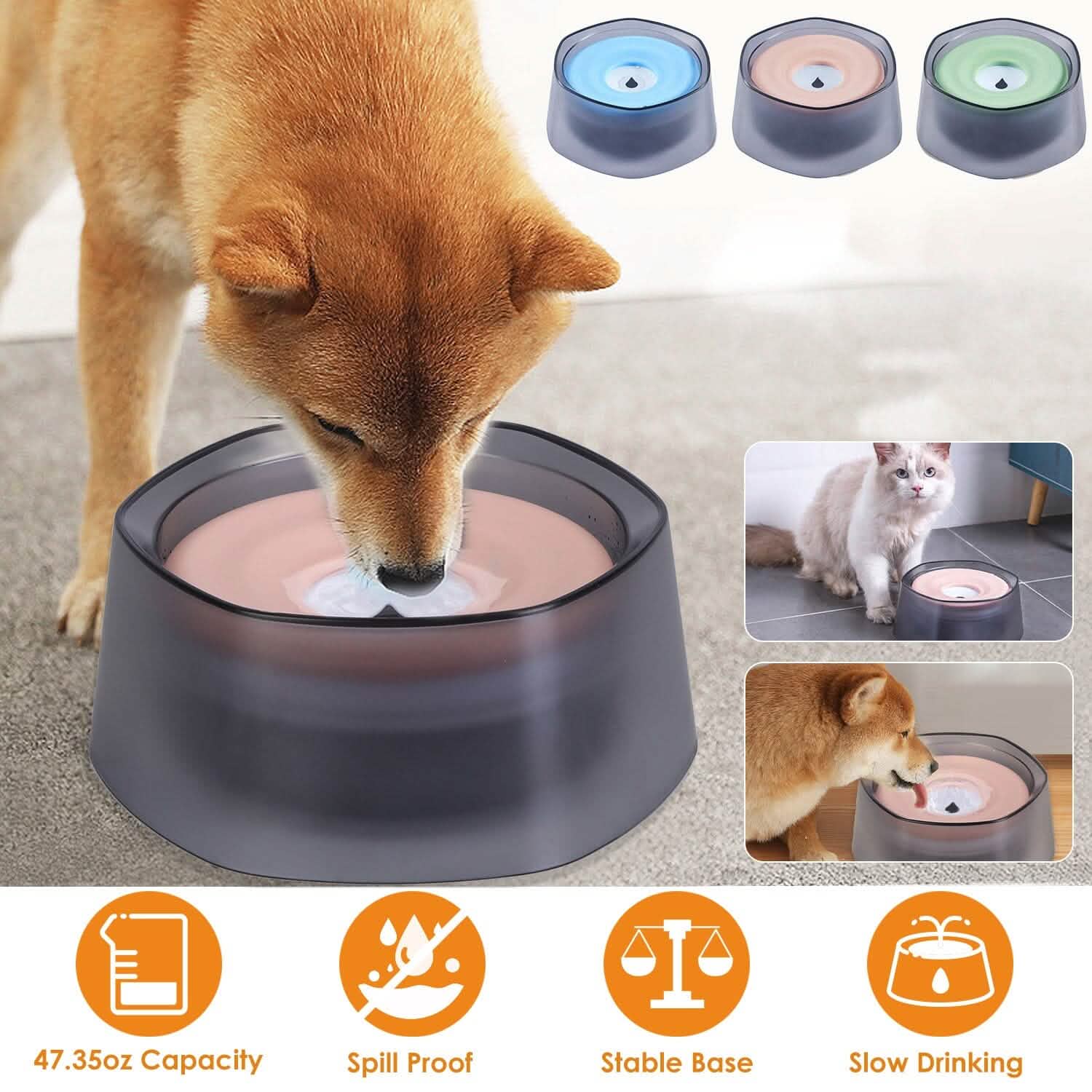 No Spill Dog Cat Water Bowl, Slow Water Feeder